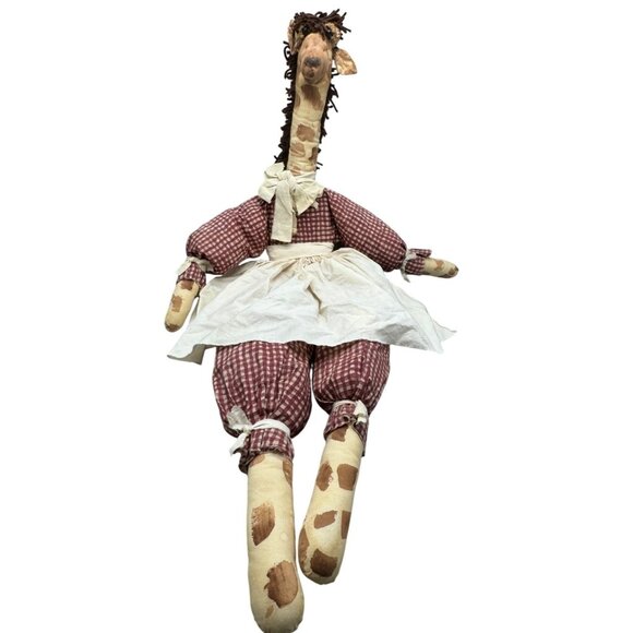 Handmade Fabric Giraffe Doll With Red Checkered Outfit & White Apron 45" READ - Picture 1 of 16